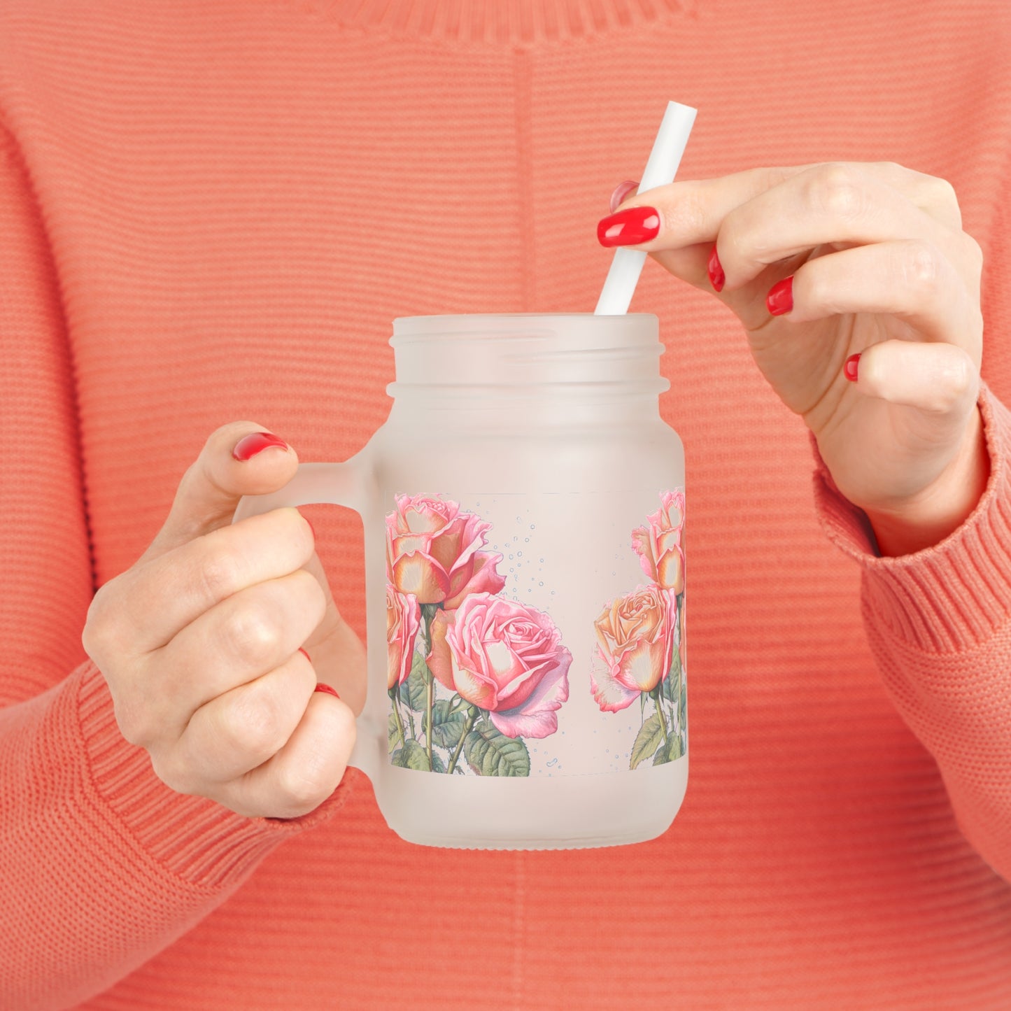 Artisanal Frosted Mason Jar All Over Embellished with Soft Pink Roses
