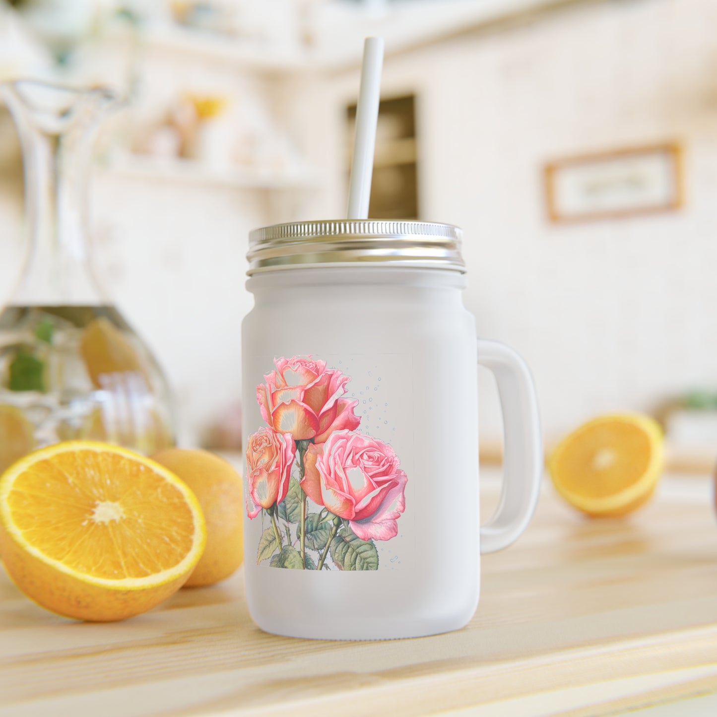 Artisanal Frosted Mason Jar Embellished with Soft Pink Roses