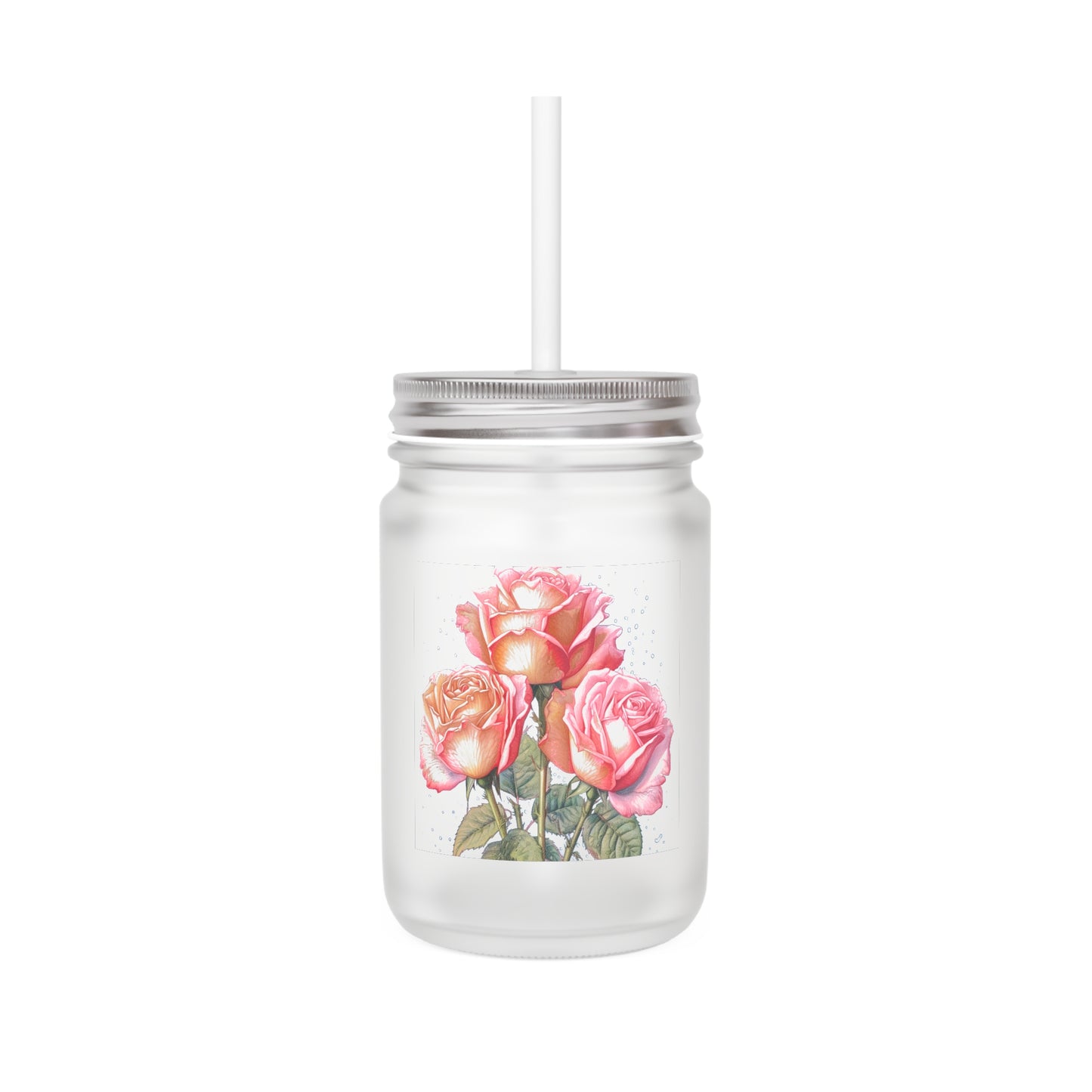 Artisanal Frosted Mason Jar Embellished with Soft Pink Roses