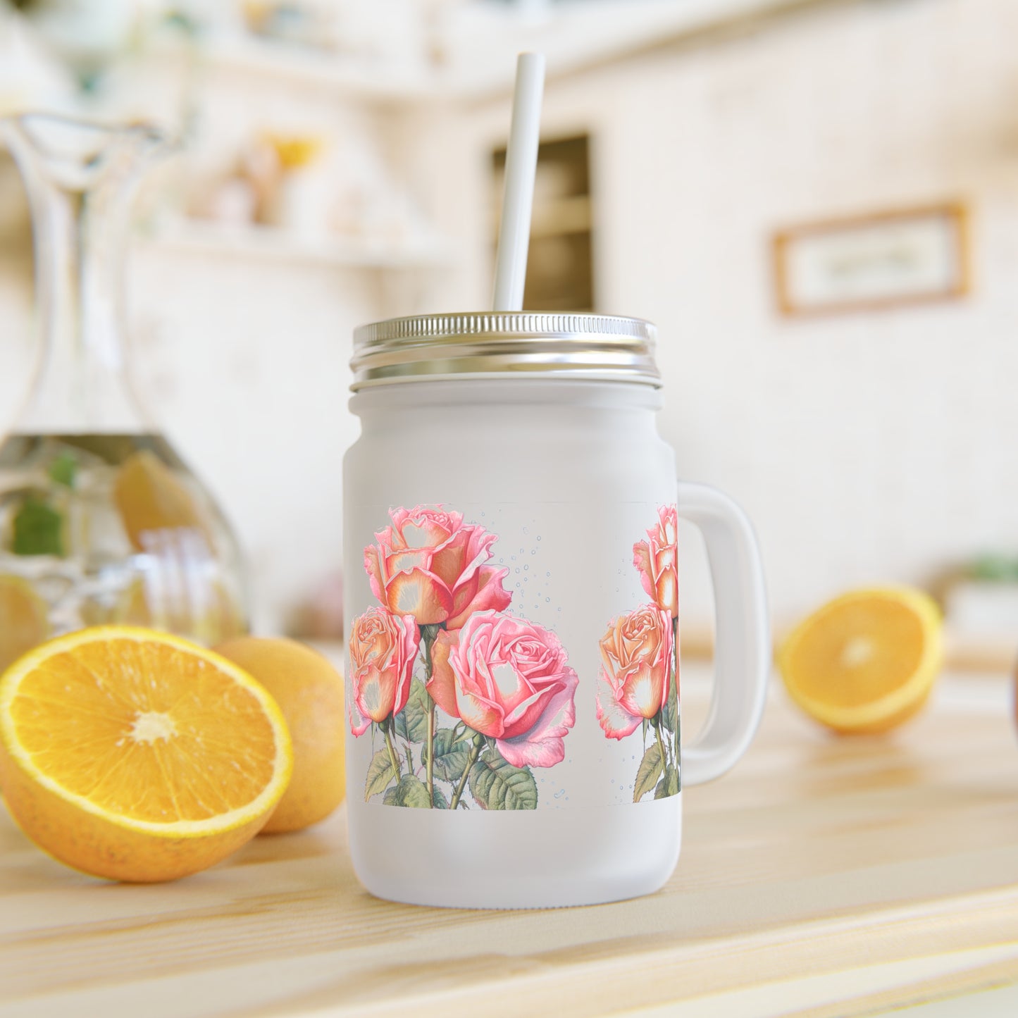 Artisanal Frosted Mason Jar All Over Embellished with Soft Pink Roses