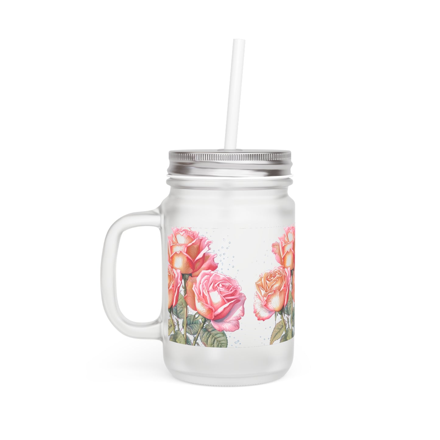 Artisanal Frosted Mason Jar All Over Embellished with Soft Pink Roses